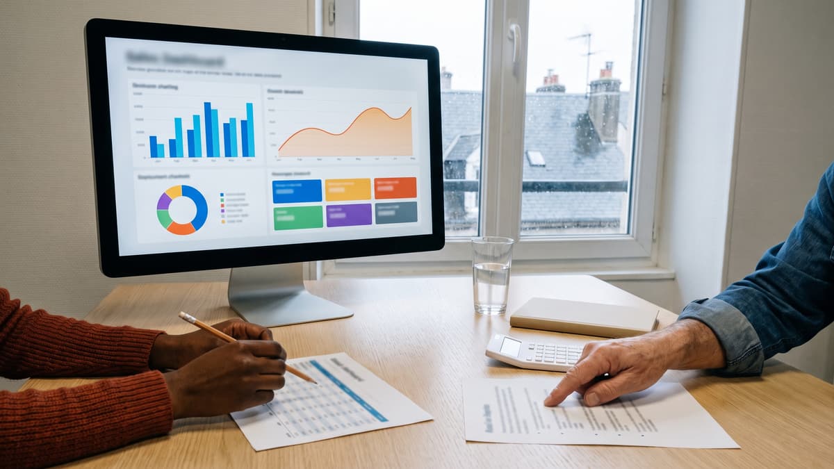 Dans le bureau d'une PME, un écran affiche un tableau de bord de ventes pendant que deux personnes comparent un devis et une fiche de poste posés sur la table