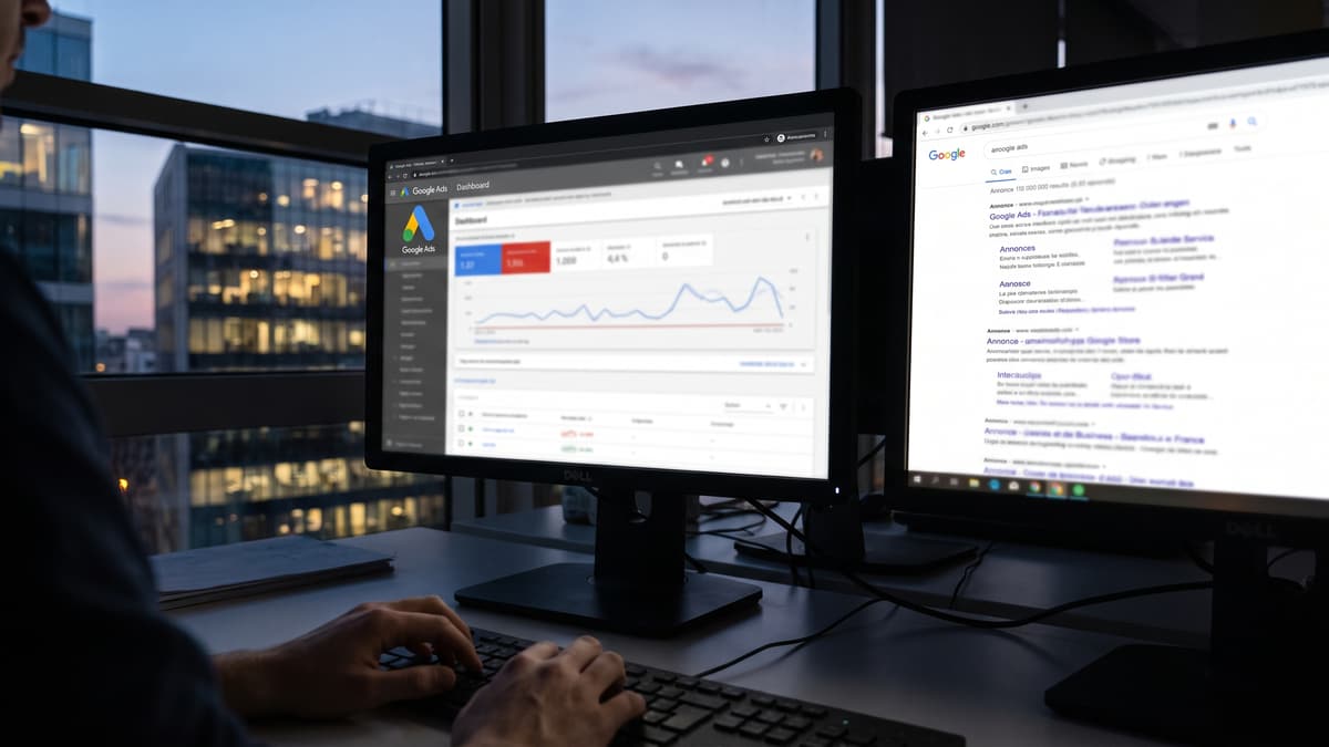Deux écrans à la tombée du jour : le tableau de bord Google Ads d'un côté, une page de résultats Google avec des annonces de l'autre