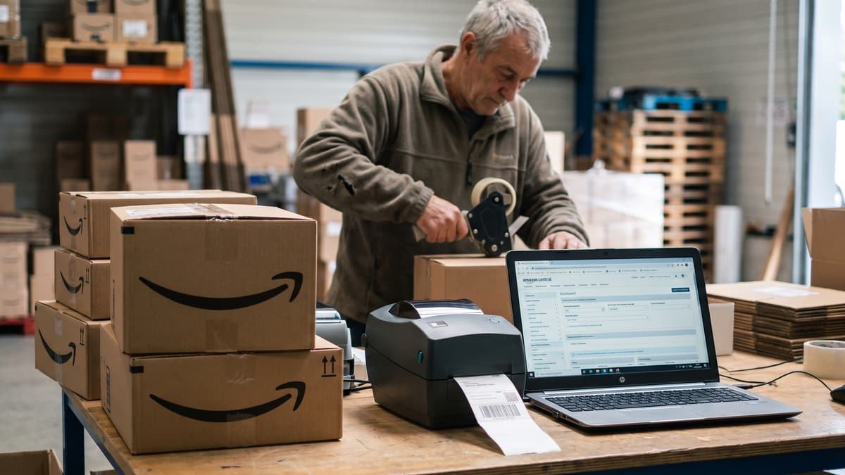 Sur une table d'emballage, des colis Amazon, une imprimante d'étiquettes et un ordinateur ouvert sur l'espace vendeur, un préparateur au travail derrière