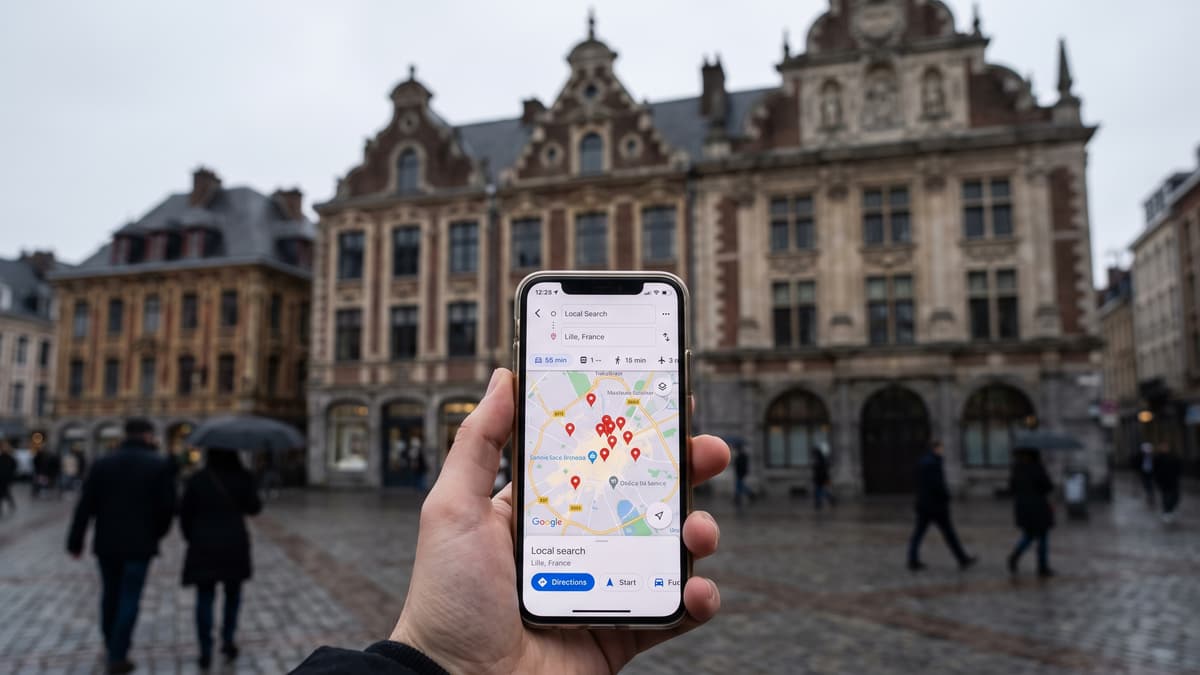 Un téléphone affiche les résultats locaux de Google Maps devant les façades flamandes de la Grand-Place de Lille