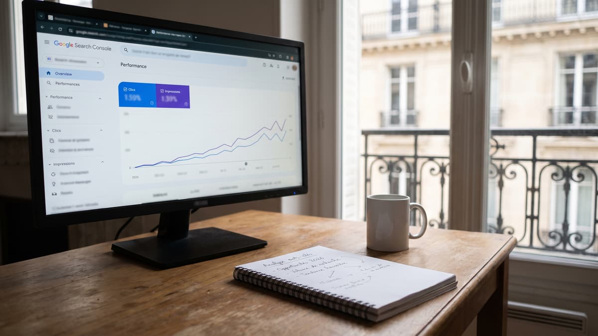 Un écran affiche le rapport de performances de Google Search Console, un carnet de notes et une tasse posés sur le bureau