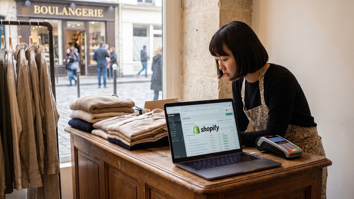 Au comptoir d'une boutique de vêtements, la gérante consulte l'administration Shopify sur son ordinateur, à côté d'un terminal de paiement