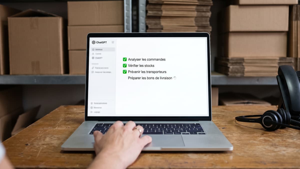 Dans la réserve d'une petite entreprise de logistique, un ordinateur portable affiche ChatGPT qui déroule une liste de tâches, trois cochées et une en cours, près d'un casque téléphonique