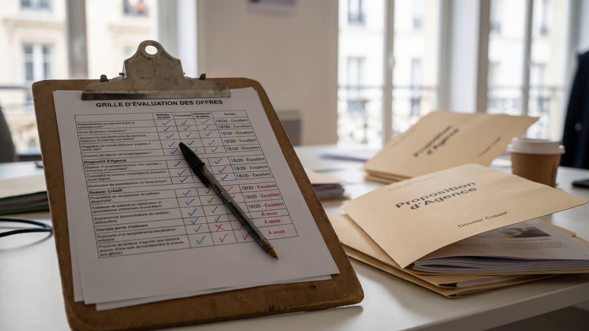 Une grille d'évaluation des offres cochée et notée sur un porte-bloc, à côté de dossiers de propositions d'agences