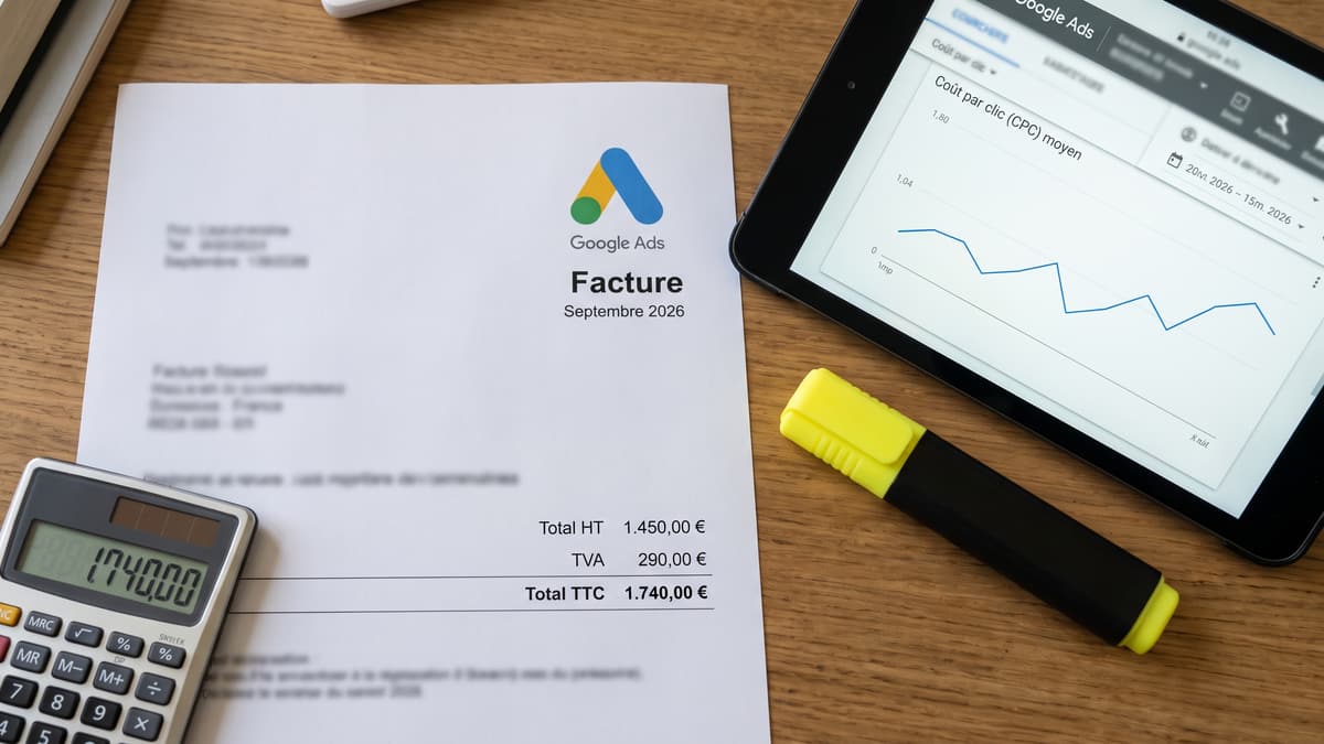 Une facture Google Ads de septembre 2026 posée sur un bureau, à côté d'une calculatrice, d'un surligneur et d'une tablette qui affiche le coût par clic