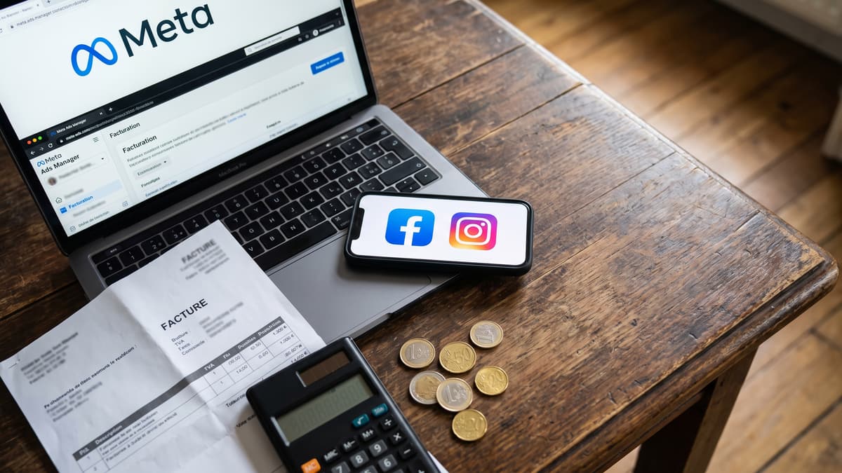 Un ordinateur ouvert sur la facturation du gestionnaire de publicités Meta, un téléphone avec Facebook et Instagram, une facture et des pièces en euros