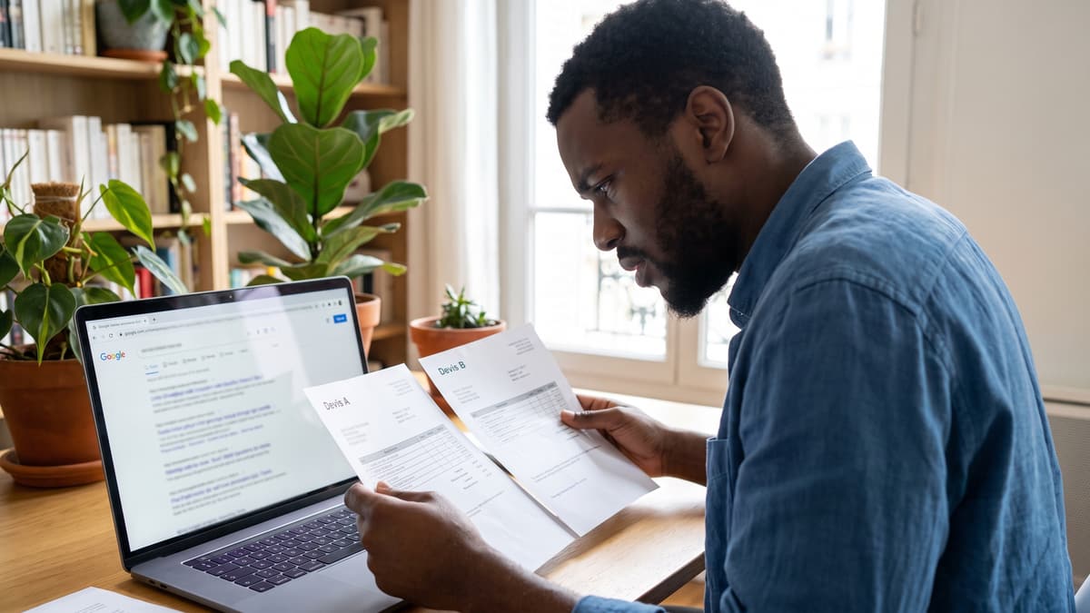 Un entrepreneur compare deux devis papier devant son ordinateur ouvert sur une page de résultats Google