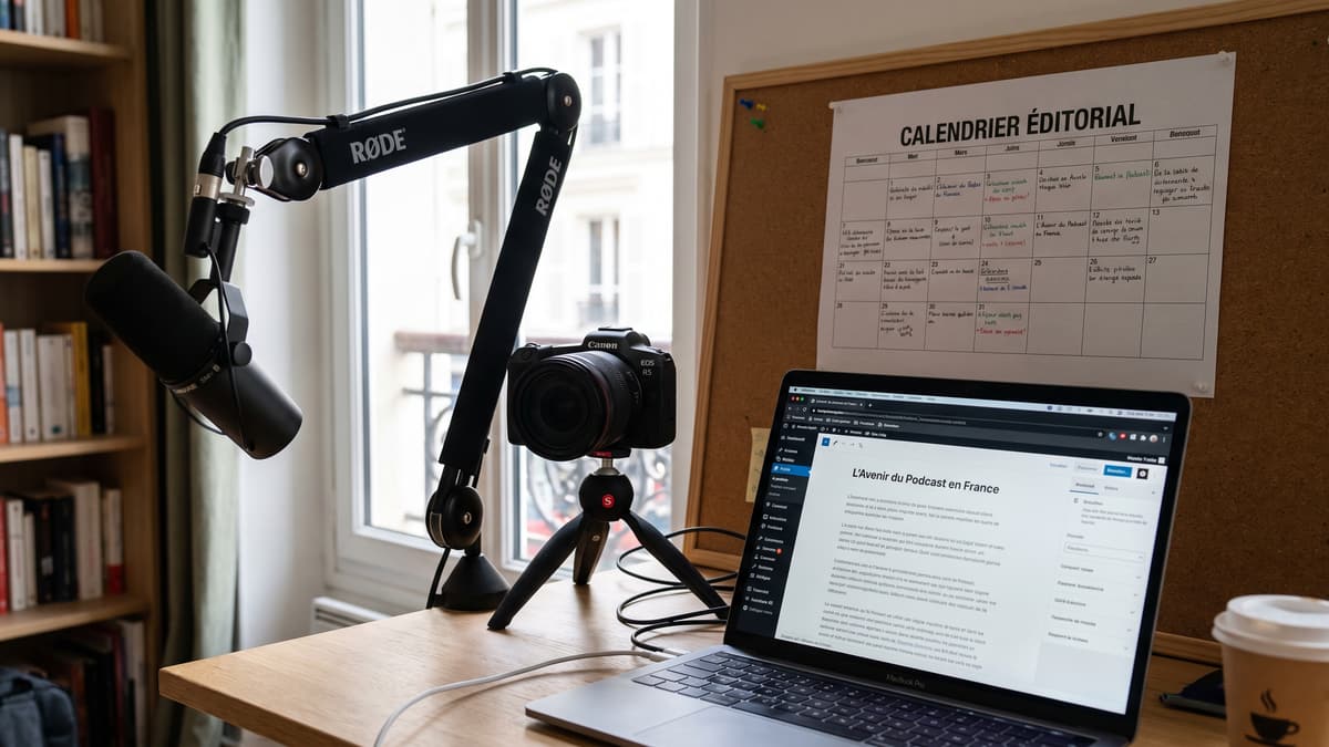 Un bureau de production de contenu : micro de podcast, appareil photo, calendrier éditorial épinglé et article en cours de rédaction sur l'ordinateur
