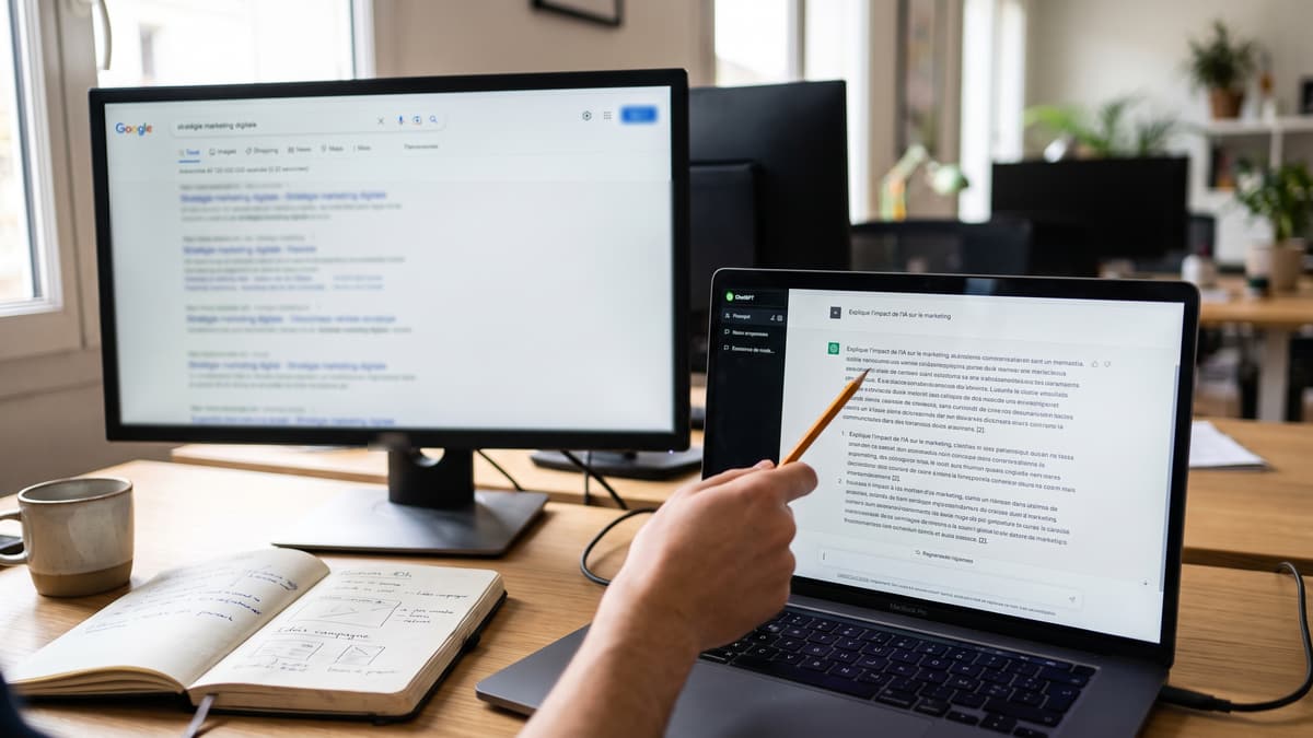 Sur un bureau, un écran affiche une page de résultats de Google et un ordinateur portable une réponse de ChatGPT avec ses sources, qu'une main montre du bout d'un crayon
