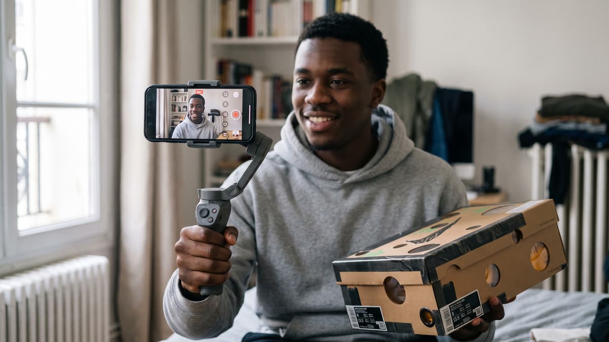 Un jeune créateur filme le déballage d'une paire de baskets avec un smartphone sur stabilisateur, dans sa chambre