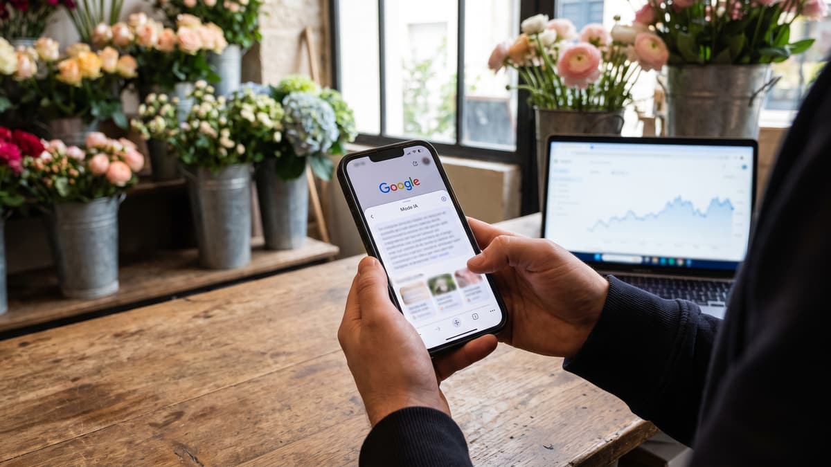 Sur le comptoir d'une boutique de fleurs, deux mains tiennent un téléphone ouvert sur le Mode IA de Google, devant un ordinateur portable qui affiche une courbe de performances