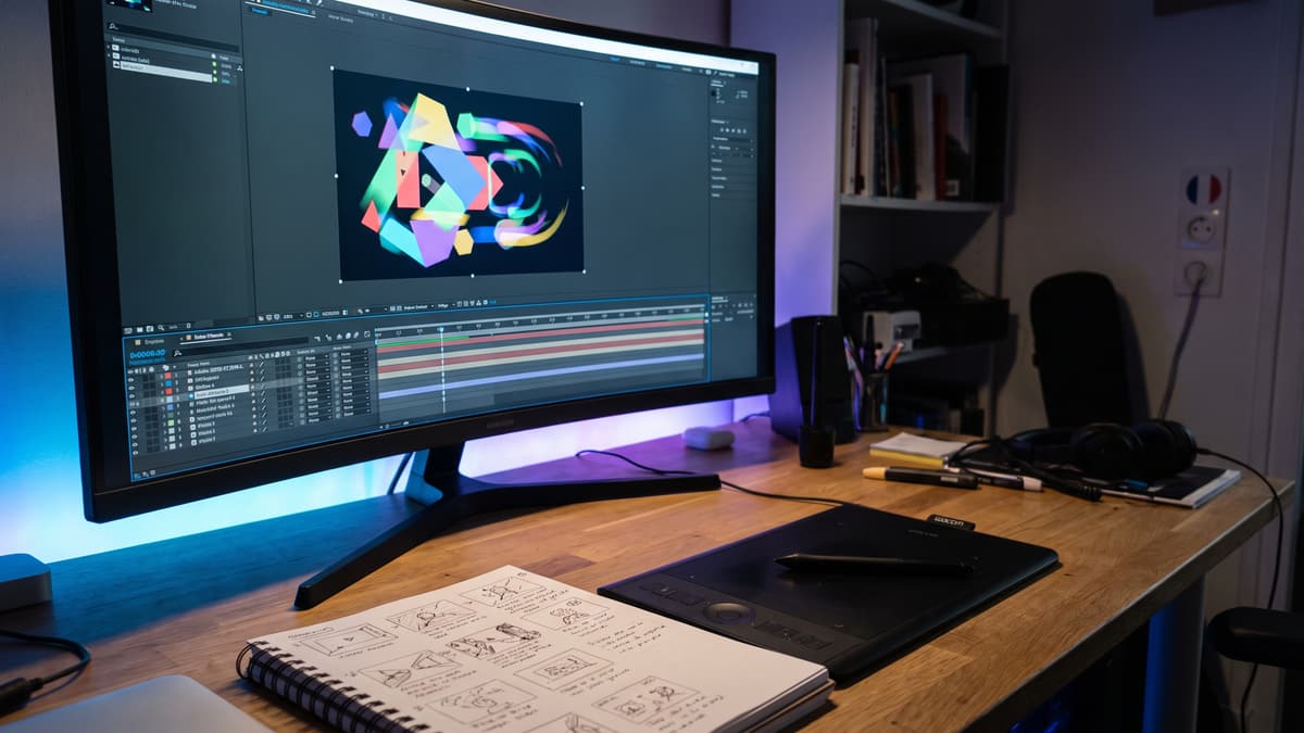 Un grand écran affiche une animation de formes colorées en cours de montage, avec sa timeline et ses images clés, à côté d'un storyboard et d'une tablette graphique