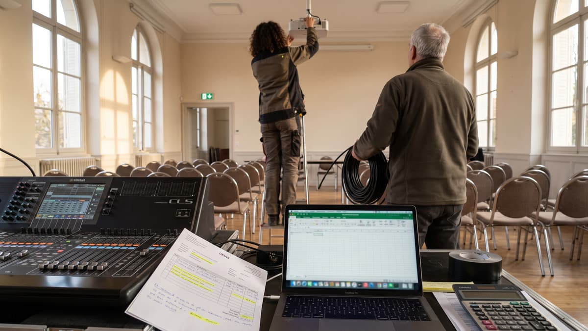 Devis d'agence événementielle annoté sur une table de régie pendant l'installation d'une salle de séminaire