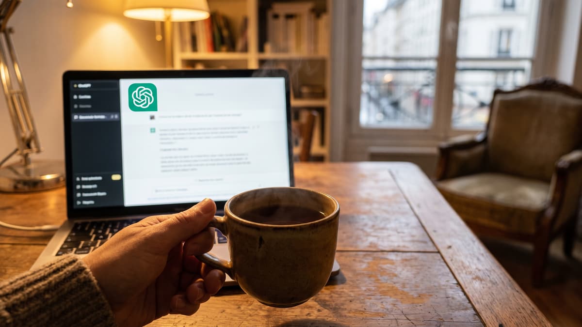 Une conversation avec ChatGPT ouverte sur un ordinateur portable, une main tenant une tasse de thé au premier plan, dans un salon parisien