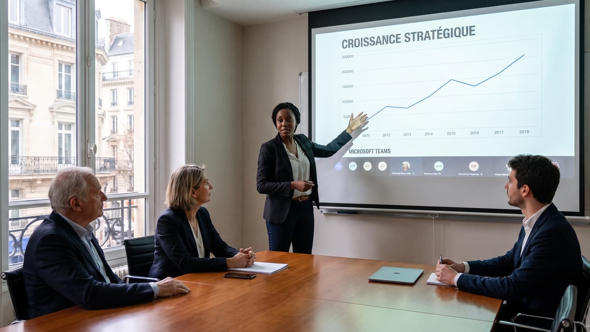 Une consultante présente une courbe de croissance sur grand écran à trois dirigeants réunis autour d'une longue table